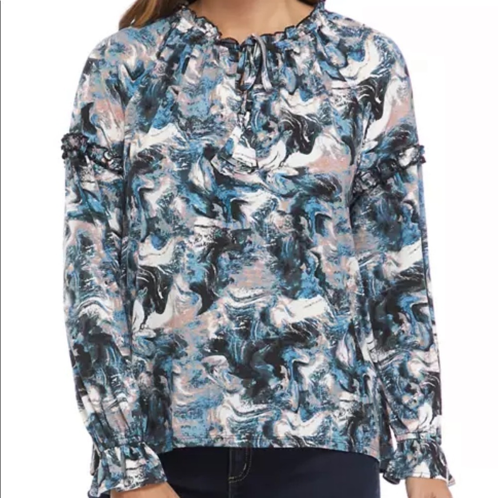 Cupio women’s slub print peasant top with tassels lots of stretch Size XL
